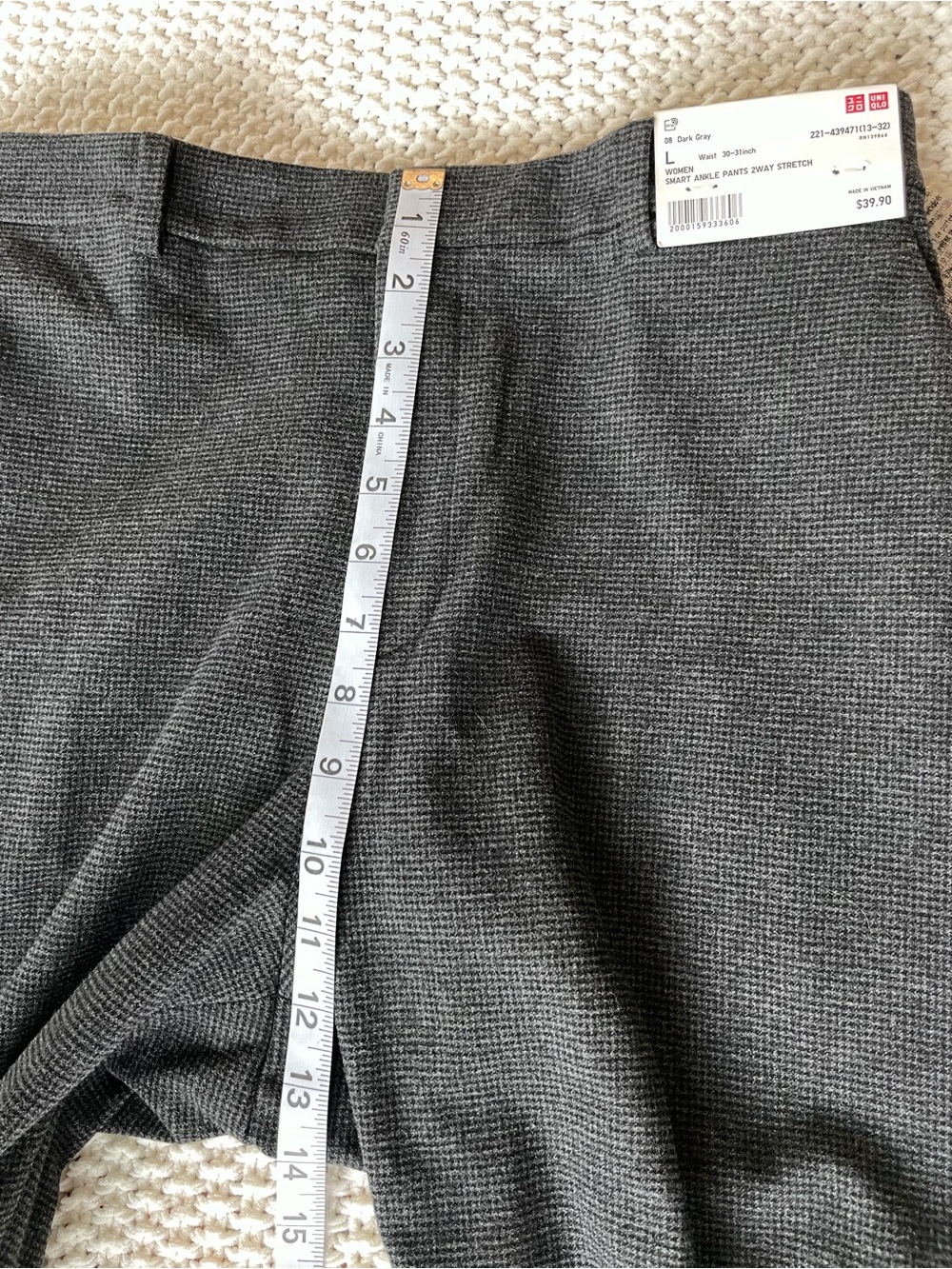 Uniqlo Smart Ankle Pants Stretch Dark Gray Charcoal Houndstooth Pants Large NWT - Picture 6 of 7